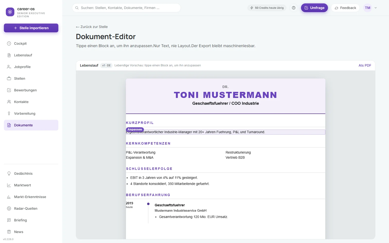 Dokument-Editor von synvyr: ein Lebenslauf in der Vorschau, ein Abschnitt ist zum Bearbeiten markiert.