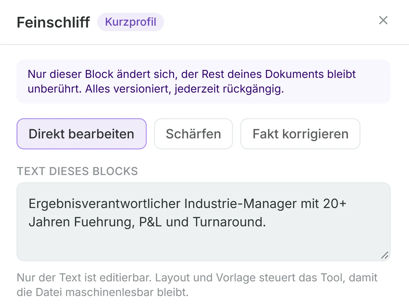 Feinschliff im Dokument-Editor von synvyr: der Text des gewählten Abschnitts mit den Buttons Direkt bearbeiten, Schärfen und Fakt korrigieren.