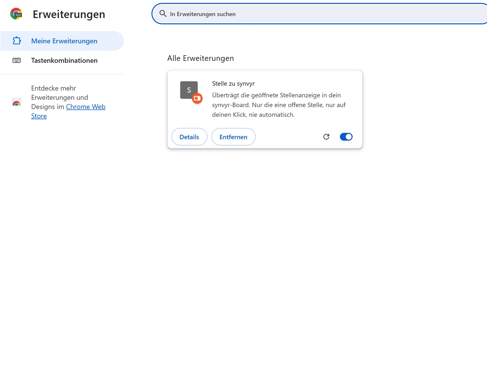Die Seite „Erweiterungen“ in Chrome mit „Stelle zu synvyr“ und der Beschreibung aus dem Chrome Web Store.