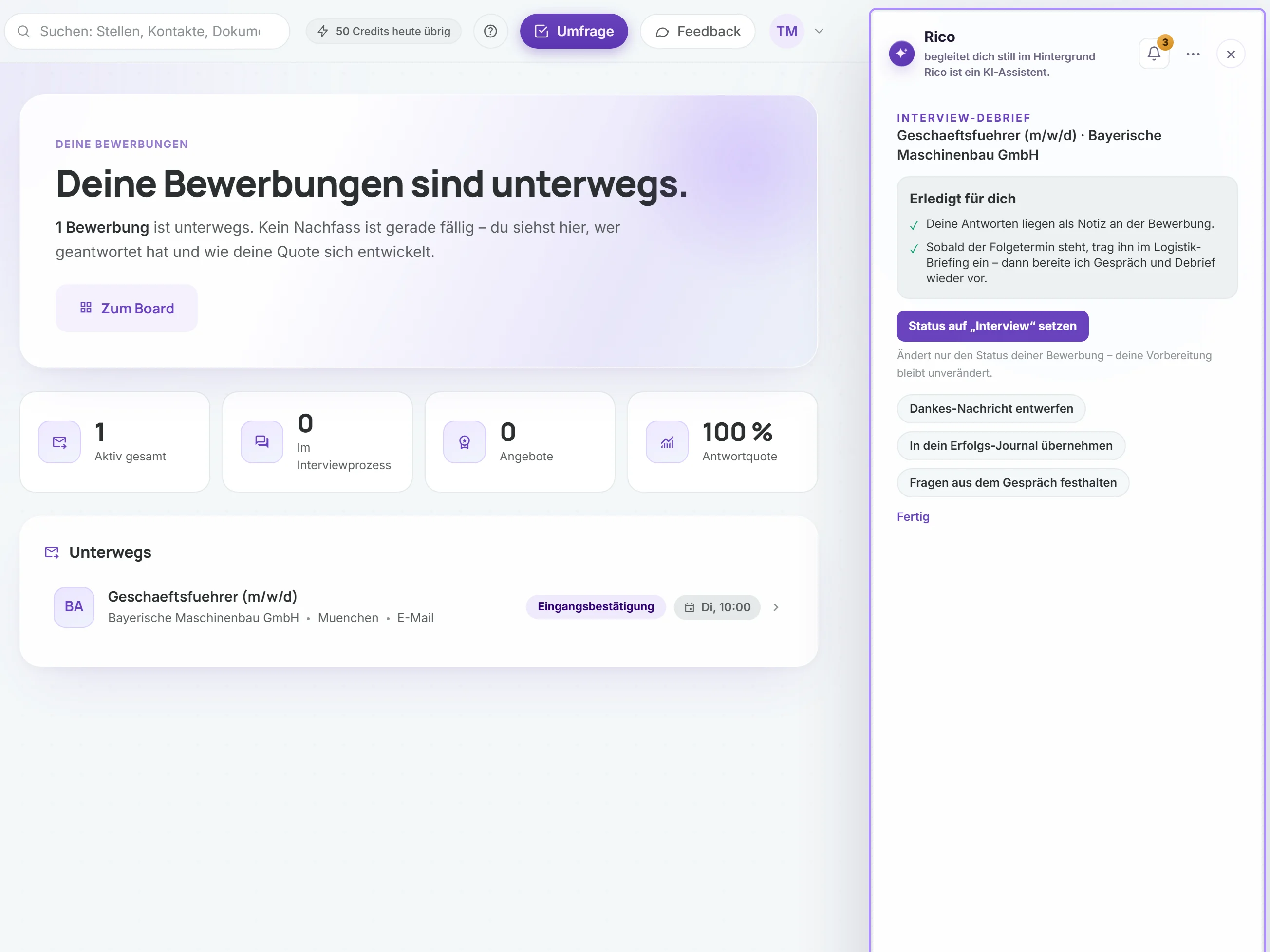 Abgeschlossene Nachbereitung in synvyr neben den Bewerbungen: erledigte Schritte, Vorschlag für den neuen Stand und „In dein Erfolgs-Journal übernehmen“.