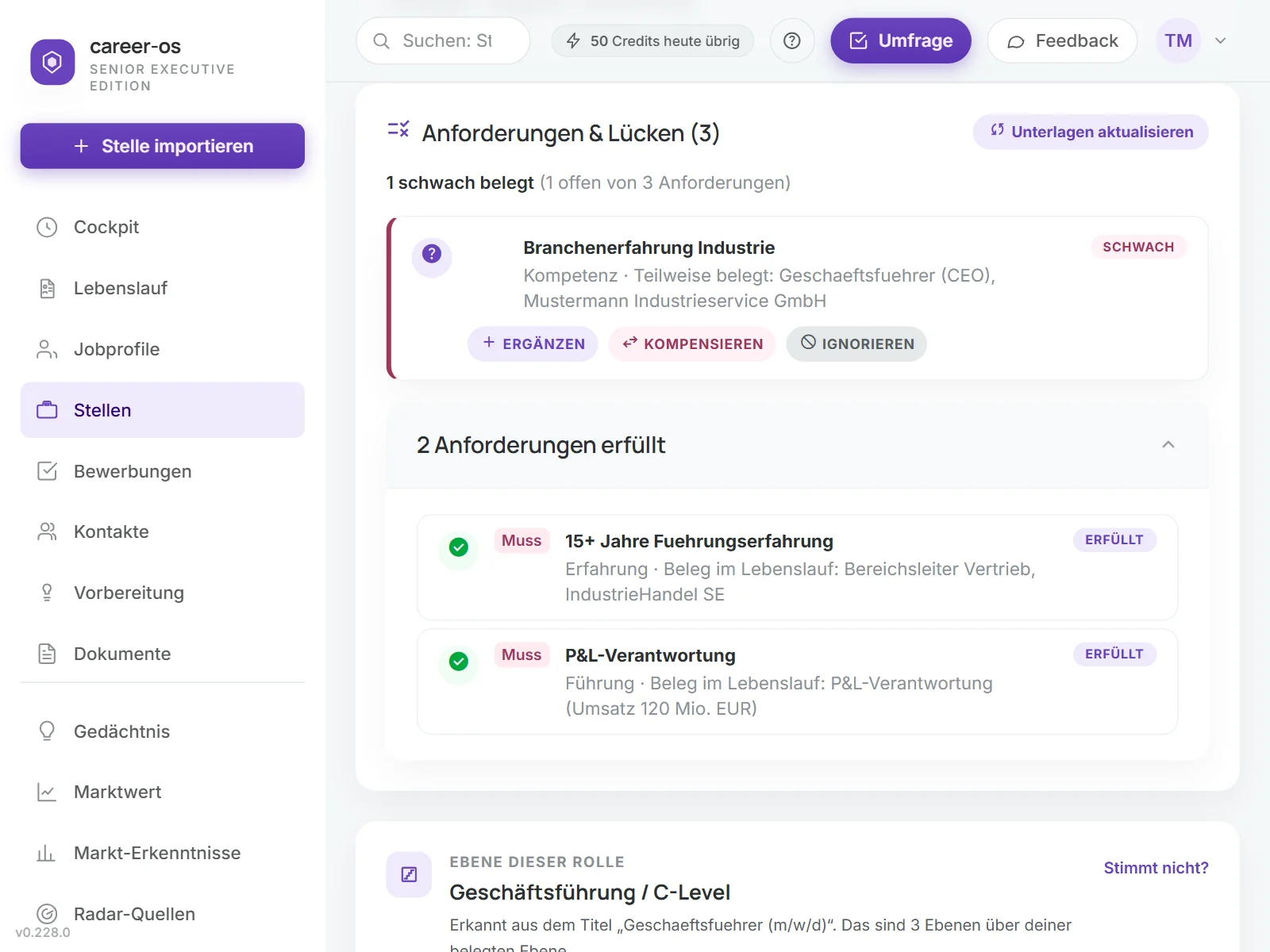 Anforderungen & Lücken einer Stelle in synvyr: zwei Anforderungen erfüllt, eine nur teilweise belegt, jeweils mit der passenden Textstelle aus dem Lebenslauf.
